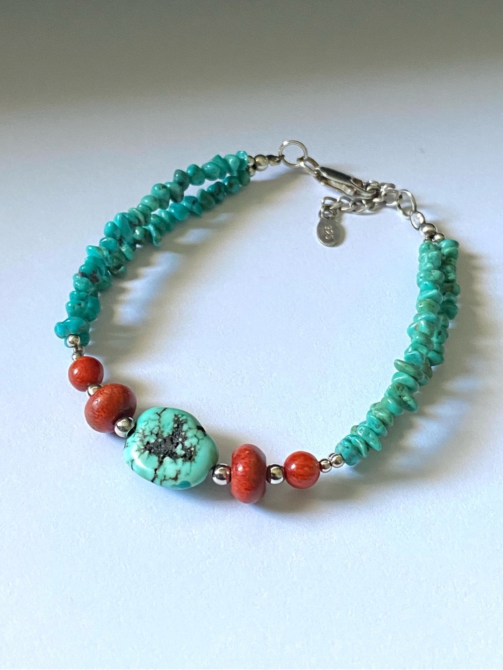 Turquoise and Coral Beaded Bracelet Sterling Silver Turquoise & Coral Bracelet